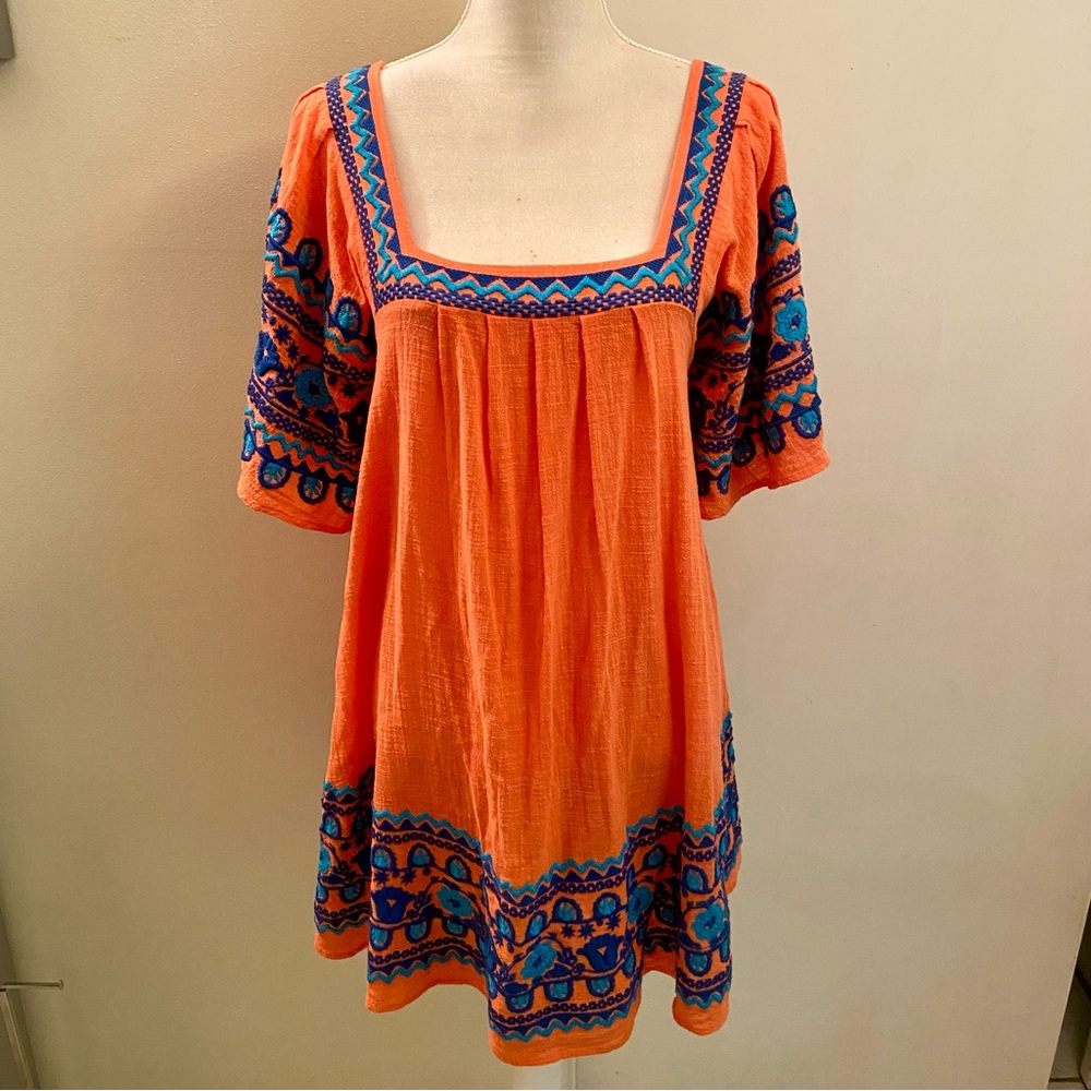 ✨Ivy Jane Embroidered Vibrant Orange and Blue Boho Dress
